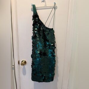 Maeve by Anthropologie Green Sequin One-Shoulder Mini Dress with Pockets